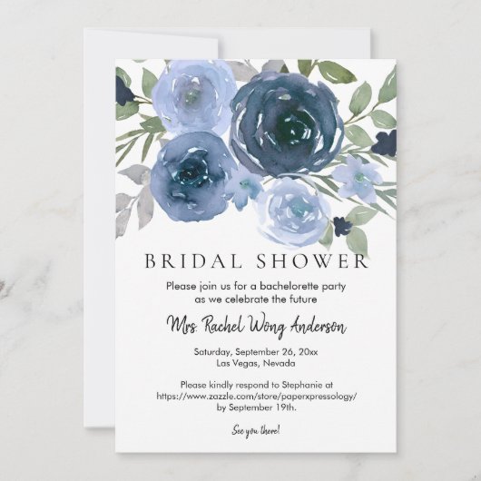 Navy Dusty Blue Boho Floral Foto Vrijgezellenfeest Kaart (Voorkant)