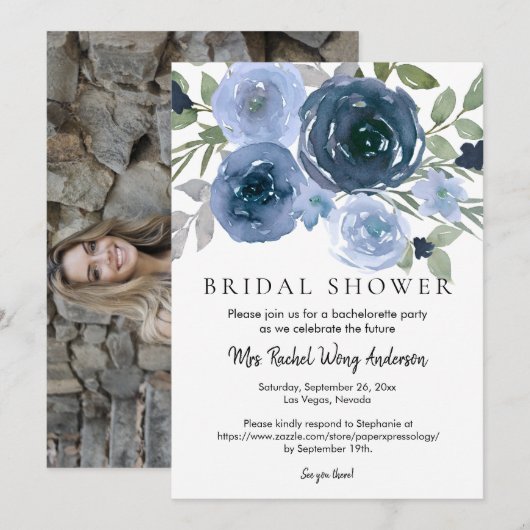 Navy Dusty Blue Boho Floral Foto Vrijgezellenfeest Kaart (Voorkant / Achterkant)