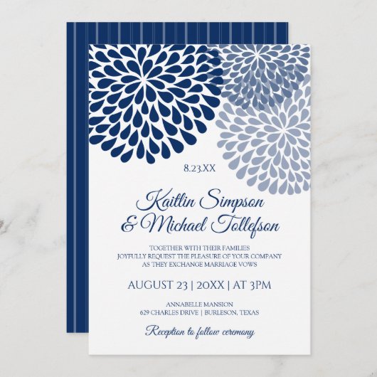 Navy & Dusty Blue bruiloft uitnodigingen | Bloemen (Voorkant / Achterkant)