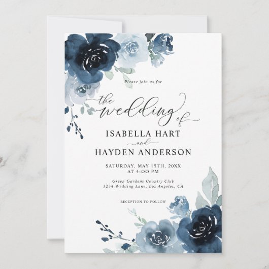 Navy Dusty Blue Dark Slate Floral Pastel Wedding Kaart (Voorkant)