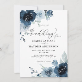 Navy Dusty Blue Dark Slate Floral Pastel Wedding Kaart