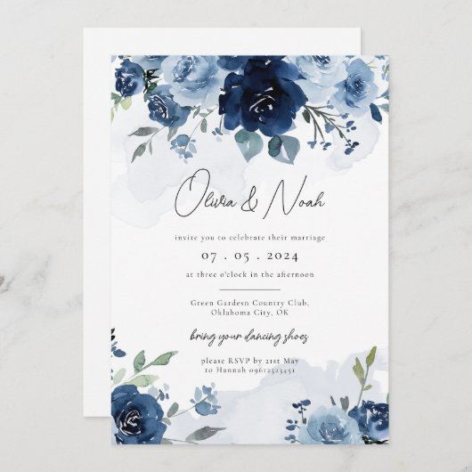 Navy Dusty Blue Elegant Floral Pastel Wedding Kaart (Voorkant / Achterkant)