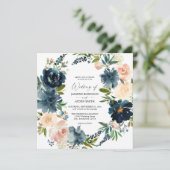 Navy, Dusty Blue en Pink Floral 2 Square Wedding Kaart (Staand voorkant)