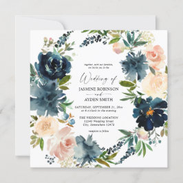 Navy, Dusty Blue en Pink Floral 2 Square Wedding Kaart