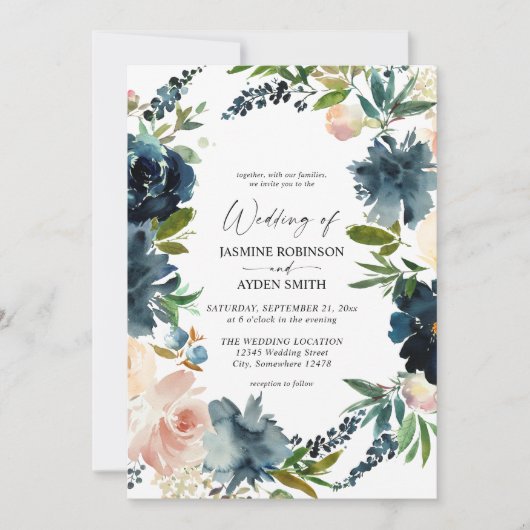 Navy, Dusty Blue en Pink Floral 2 Wedding Kaart (Voorkant)