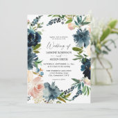 Navy, Dusty Blue en Pink Floral 2 Wedding Kaart (Staand voorkant)