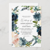 Navy, Dusty Blue en Pink Floral 2 Wedding Kaart (Voorkant / Achterkant)