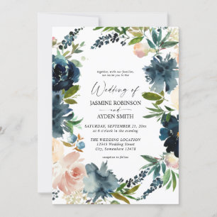 Navy, Dusty Blue en Pink Floral 2 Wedding Kaart