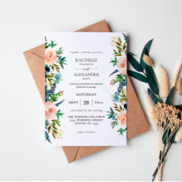 Navy, Dusty Blue en Pink Floral Wedding Invitation Kaart