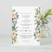 Navy, Dusty Blue en Pink Floral Wedding Invitation Kaart (Staand voorkant)