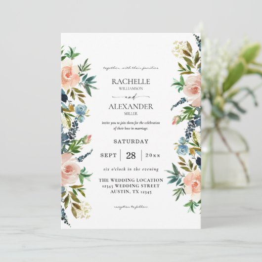 Navy, Dusty Blue en Pink Floral Wedding Invitation Kaart (Staand voorkant)