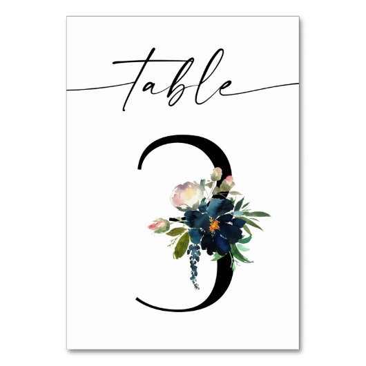 Navy, Dusty Blue en Roze Floral Table Number 3 Kaart (Achterkant)