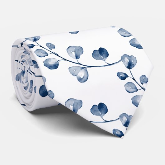 Navy Dusty Blue Eucalyptus Weddenschap Stropdas (Opgerold)