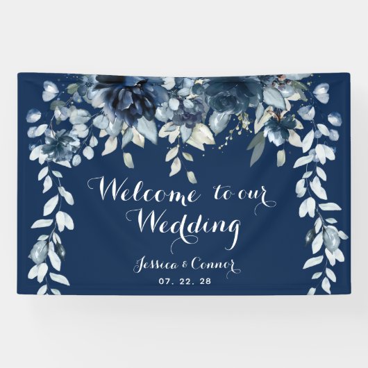 Navy Dusty Blue Eucalyptus Welcome To Our Wedding Spandoek (Horizontaal)