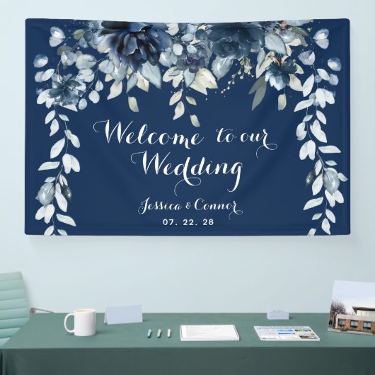 Navy Dusty Blue Eucalyptus Welcome To Our Wedding Spandoek (Beurs)