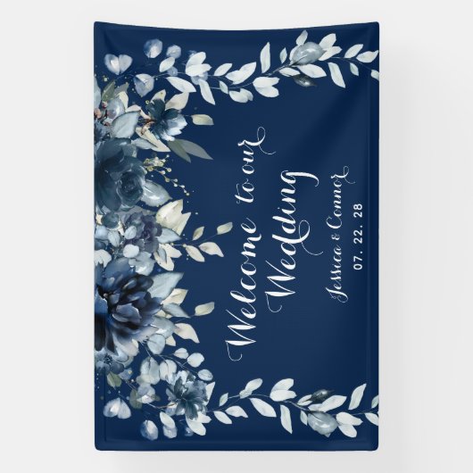 Navy Dusty Blue Eucalyptus Welcome To Our Wedding Spandoek (Verticaal)