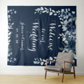 Navy Dusty Blue Eucalyptus Welkom op onze bruiloft Wandkleed (In Situ (horizontaal))