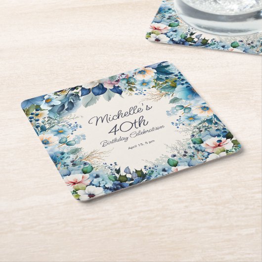Navy Dusty Blue Floral 40th Birthday Party Kartonnen Onderzetters (Schuin)