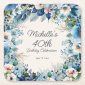 Navy Dusty Blue Floral 40th Birthday Party Kartonnen Onderzetters (Voorkant)