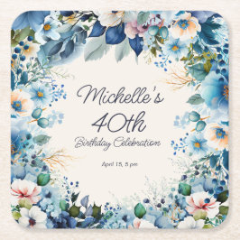 Navy Dusty Blue Floral 40th Birthday Party Kartonnen Onderzetters