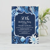 Navy Dusty Blue Floral 50e verjaardag Kaart (Staand voorkant)