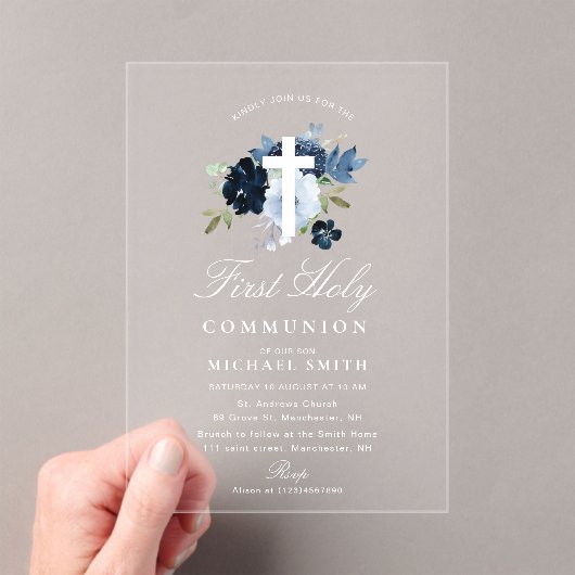 Navy & dusty blue floral first holy communion acryl uitnodigingen (Insitu (Draagbaar))