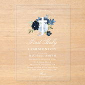 Navy & dusty blue floral first holy communion acryl uitnodigingen (Voorkant)