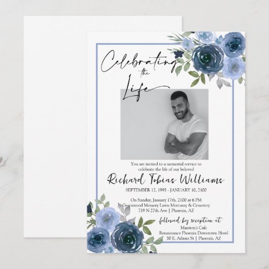 Navy Dusty Blue Floral Memorial Funeral Service Kaart (Voorkant / Achterkant)