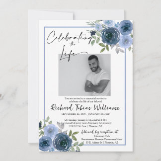 Navy Dusty Blue Floral Memorial Funeral Service Kaart