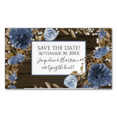 Navy Dusty Blue Floral Rustic Wood Save the Date Magnetisch Visitekaartje (Voorkant)