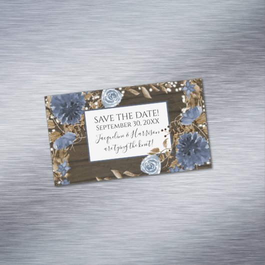 Navy Dusty Blue Floral Rustic Wood Save the Date Magnetisch Visitekaartje (Voorbeeld)
