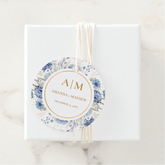 Navy Dusty Blue Floral Spring Bloom Bruiloft Bedankjes Labels (In situ)