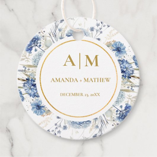Navy Dusty Blue Floral Spring Bloom Bruiloft Bedankjes Labels (Voorkant)