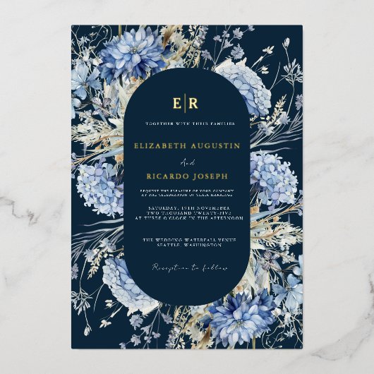 Navy Dusty Blue Floral Spring Bloom Bruiloft Folie Uitnodiging (Voorkant)