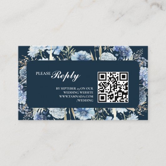 Navy Dusty Blue Floral Spring Bloom Bruiloft Informatiekaartje (Voorkant)