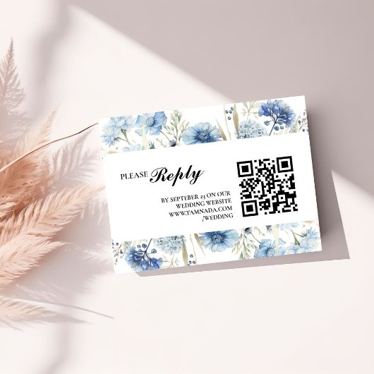 Navy Dusty Blue Floral Spring Bloom Bruiloft Informatiekaartje