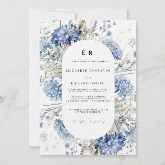 Navy Dusty Blue Floral Spring Bloom Bruiloft Invit Kaart (Voorkant)