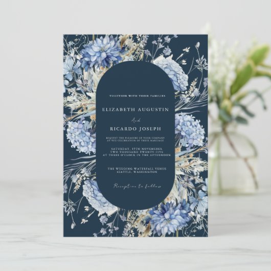 Navy Dusty Blue Floral Spring Bloom Bruiloft Kaart (Staand voorkant)