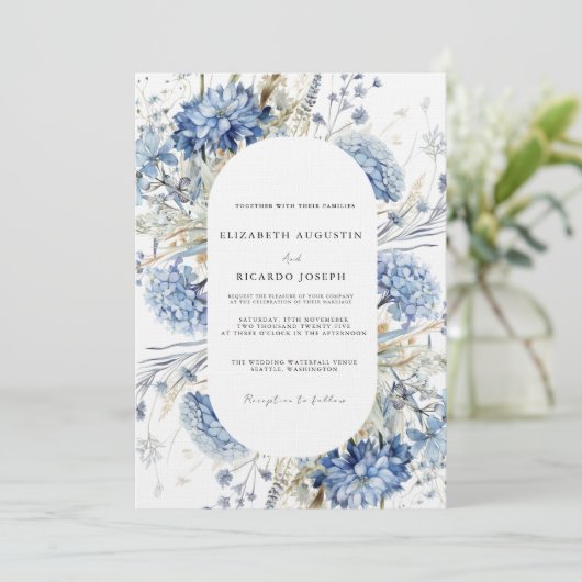 Navy Dusty Blue Floral Spring Bloom Bruiloft Kaart (Staand voorkant)