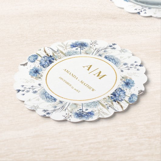 Navy Dusty Blue Floral Spring Bloom Bruiloft Kartonnen Onderzetters (Gekanteld)