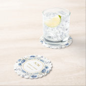 Navy Dusty Blue Floral Spring Bloom Bruiloft Kartonnen Onderzetters (Insitu)