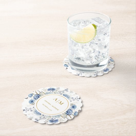 Navy Dusty Blue Floral Spring Bloom Bruiloft Kartonnen Onderzetters (Insitu)