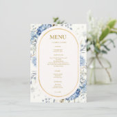 Navy Dusty Blue Floral Spring Bloom Bruiloft Menu (Staand voorkant)