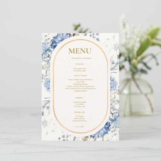 Navy Dusty Blue Floral Spring Bloom Bruiloft Menu (Staand voorkant)
