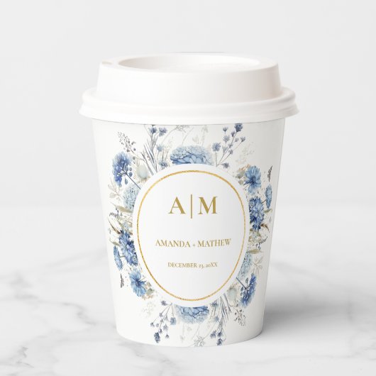 Navy Dusty Blue Floral Spring Bloom Bruiloft Papieren Bekers (Achterkant)