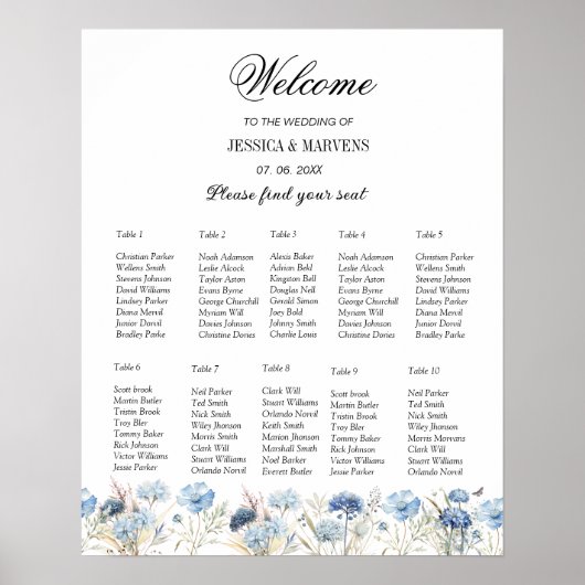 Navy Dusty Blue Floral Spring Bloom Bruiloft Poster (Voorkant)