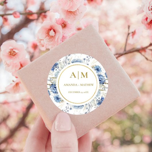 Navy Dusty Blue Floral Spring Bloom Bruiloft Ronde Sticker