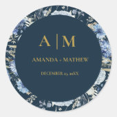 Navy Dusty Blue Floral Spring Bloom Bruiloft Ronde Sticker (Voorkant)