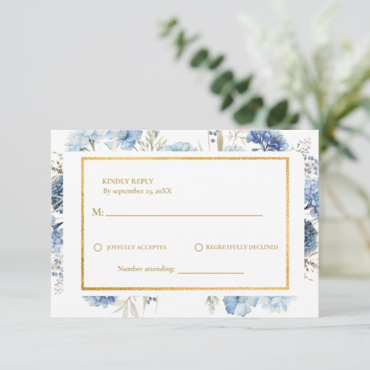 Navy Dusty Blue Floral Spring Bloom Bruiloft RSVP (Staand voorkant)