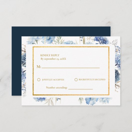 Navy Dusty Blue Floral Spring Bloom Bruiloft RSVP (Voorkant / Achterkant)